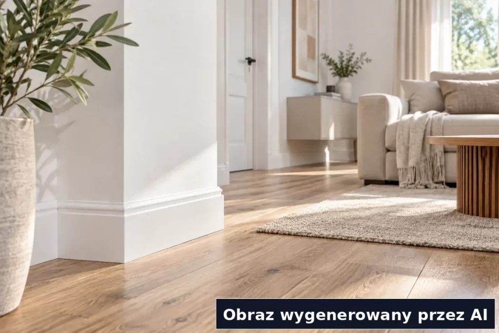 Białe listwy przypodłogowe w nowoczesnym wnętrzu