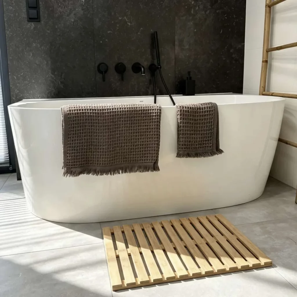 ręczniki waflowe w nowoczesnie wystrojonej łazience w formie SPA